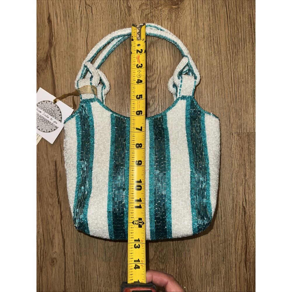 Turquoise & White Striped Beaded Bag Handbag NWT M ade in India - Picture 4 of 5